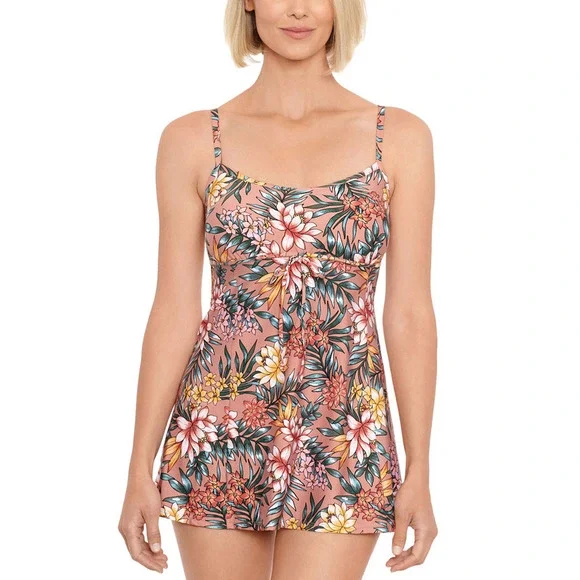 Swim Solutions Rose Pink Tummy-Control Empire-Waist Swimdress, US 14, Women's, Size: One Size